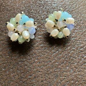 Vintage blue cream green bead clip on earrings